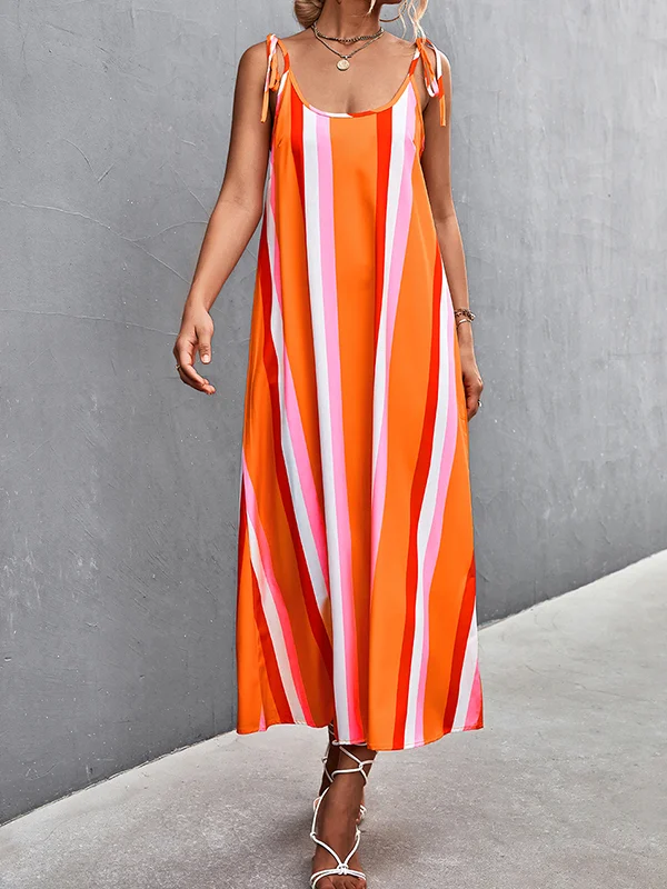 Contrast Color Striped Tied Loose Sleeveless U-Neck Slip Dress Midi Dresses