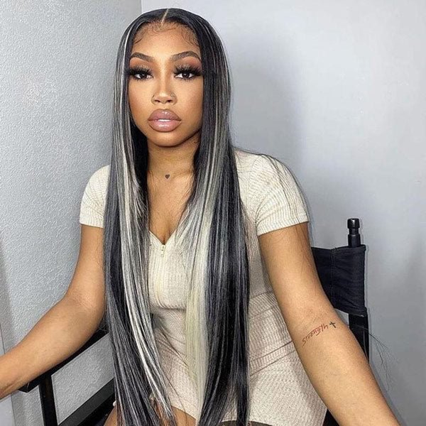 Junoda Original Platinum Blonde Highlights Straight Grey Mixed Color Human Hair Wigs