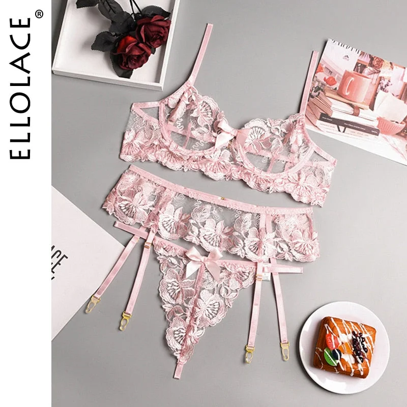 Ellolace Beautiful Erotic Sensual Lingerie Woman Floral Lace Transparent Bra And Panty Set Push up Underwire Seamless Underwear
