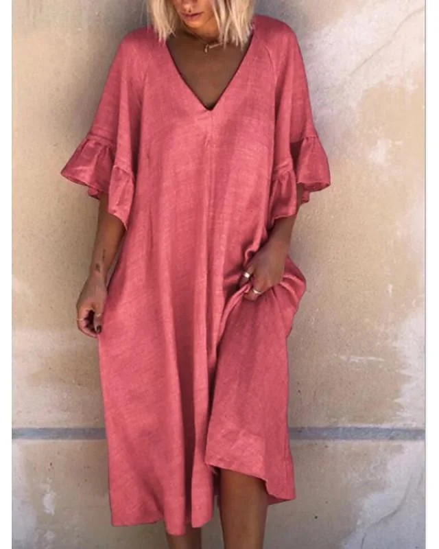 Women's A-Line Dress Knee Length Dress - Half Sleeve Solid Color Summer V Neck Hot Casual Mumu Red Dusty Blue Light Blue S M L XL XXL 3XL