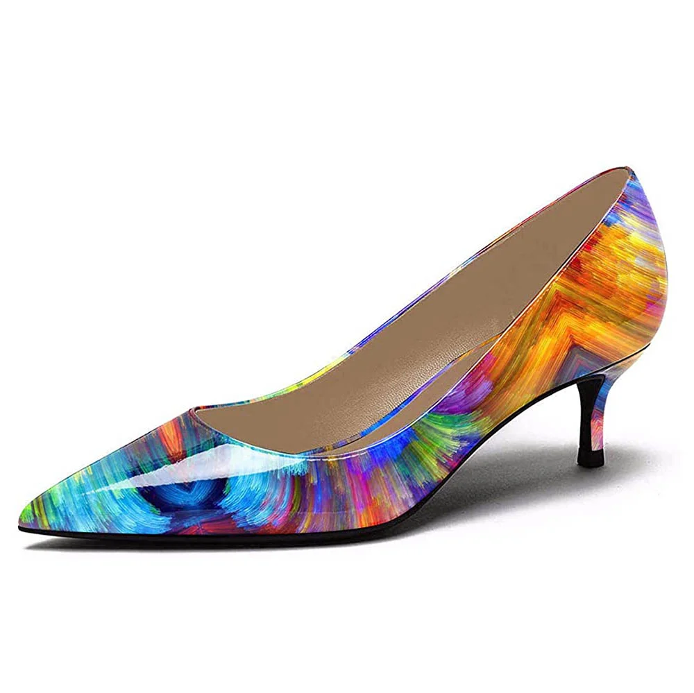 Multicolor Patent Leather Pointed Toe Kitten Heel Pumps Shoes