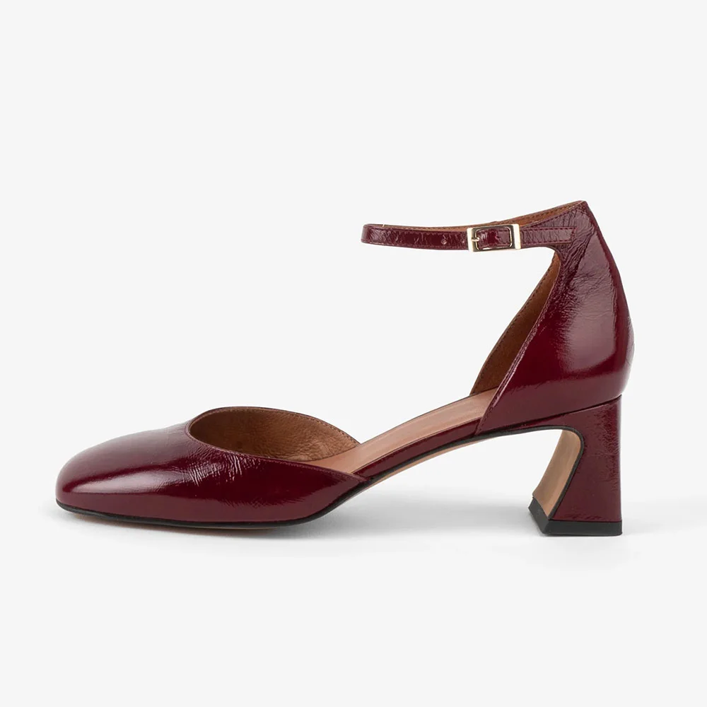Maroon Faux Leather Square Toe Ankle Strap Heeled Pumps for Women