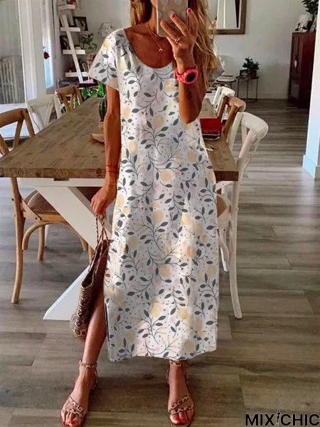 Round neck loose dress daily print dress