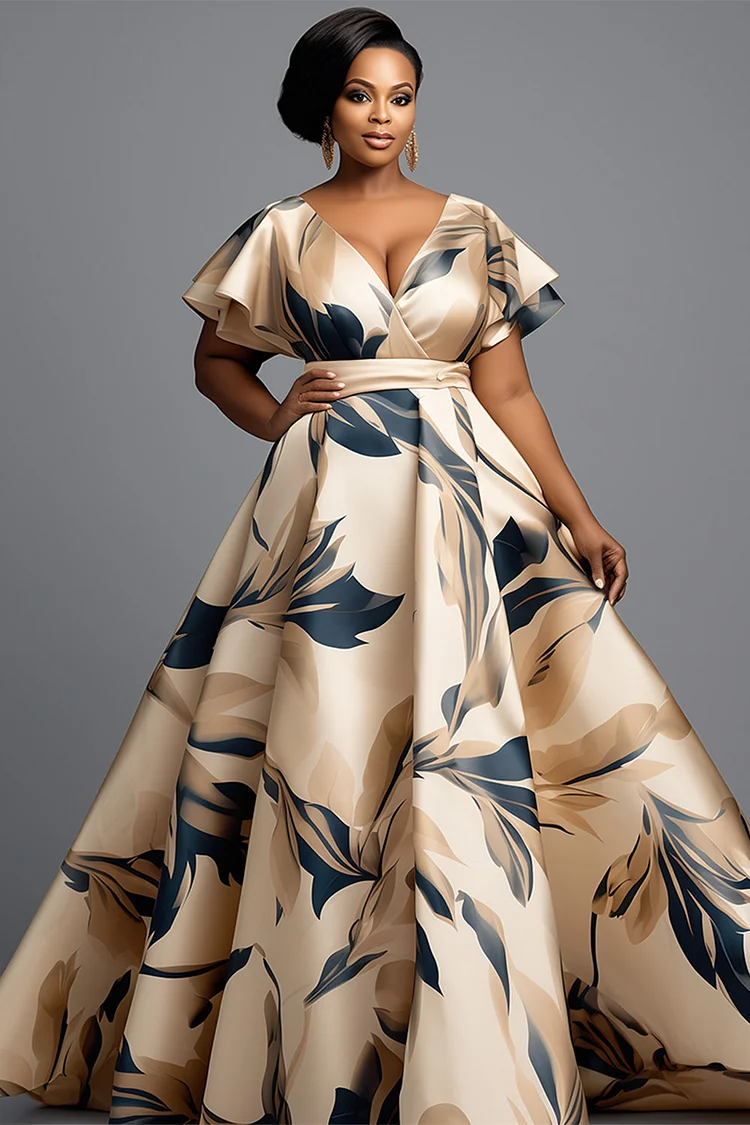 Xpluswear Design Plus Size Mother Of The Bride Champagne Floral Wrap Neck Short Sleeve Elegant Satin Maxi Dresses [Pre-Order] 2024 - Xpluswear