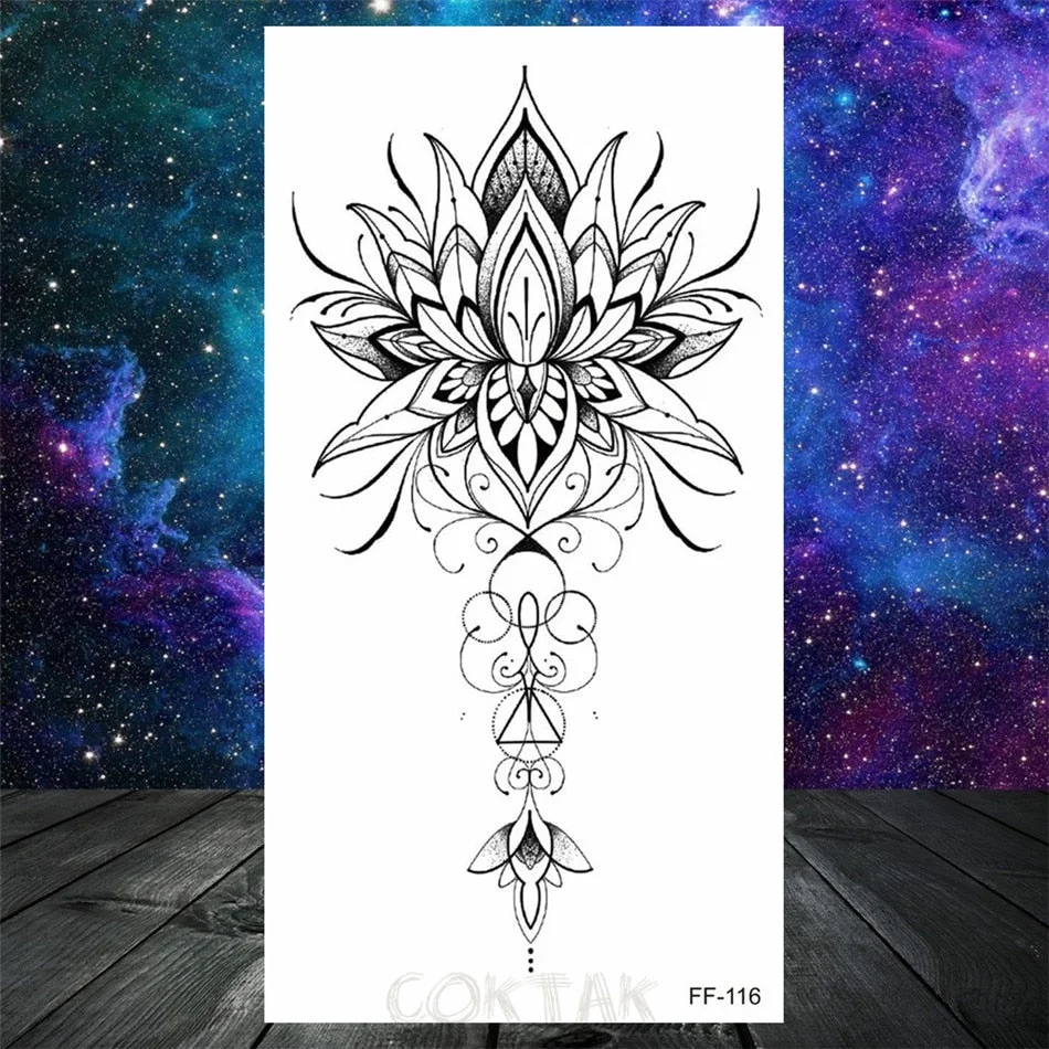 Owl Moth Jewelry Temporary Tattoo For Women Men Mandala Henna Flower Tattoo Mehndi Fake Pendants Geometric Tatoo Chest Back Lace