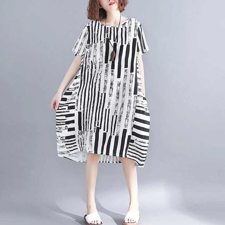 2019 black cotton blended shift dress plus size clothing casual dress Elegant short sleeve Geometric O neck asymmetric knee dresses