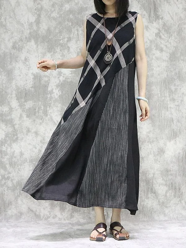 Vintage Striped Split-Joint Sleeveless Dress
