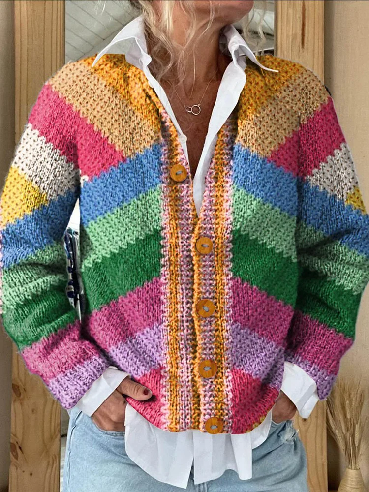 Vintage Striped Geometric Pattern Art Print Knitted Cardigan