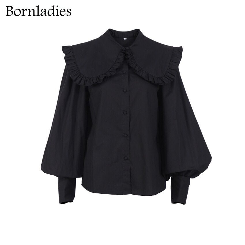 Bornladies Big Peter Pan Collar Ruffle Womens Blouse Long Sleeve White Cotton Casual Tops Female 2022 Spring Summer Frill Shirt