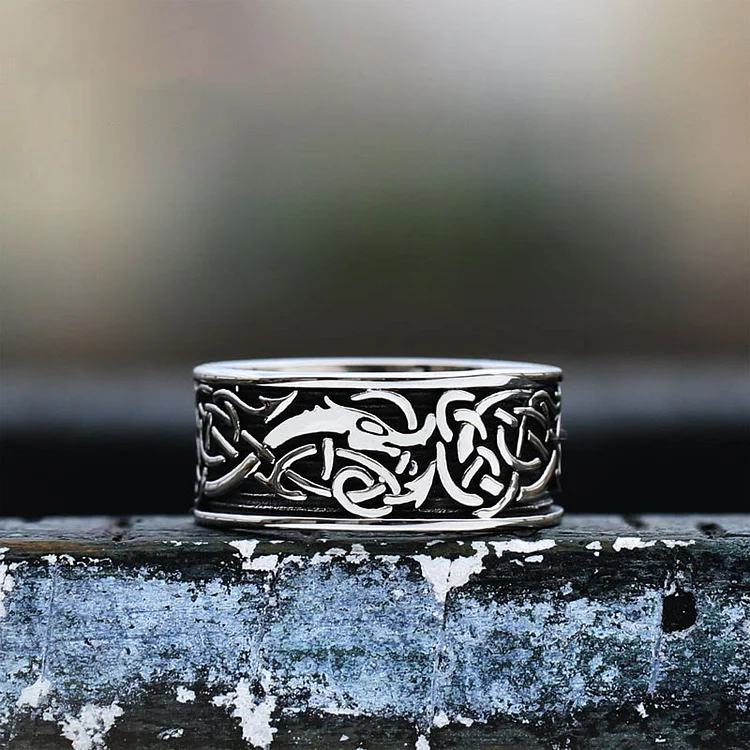 Coutureaura Dragon Head Celtic Knot Stainless Steel Viking Ring