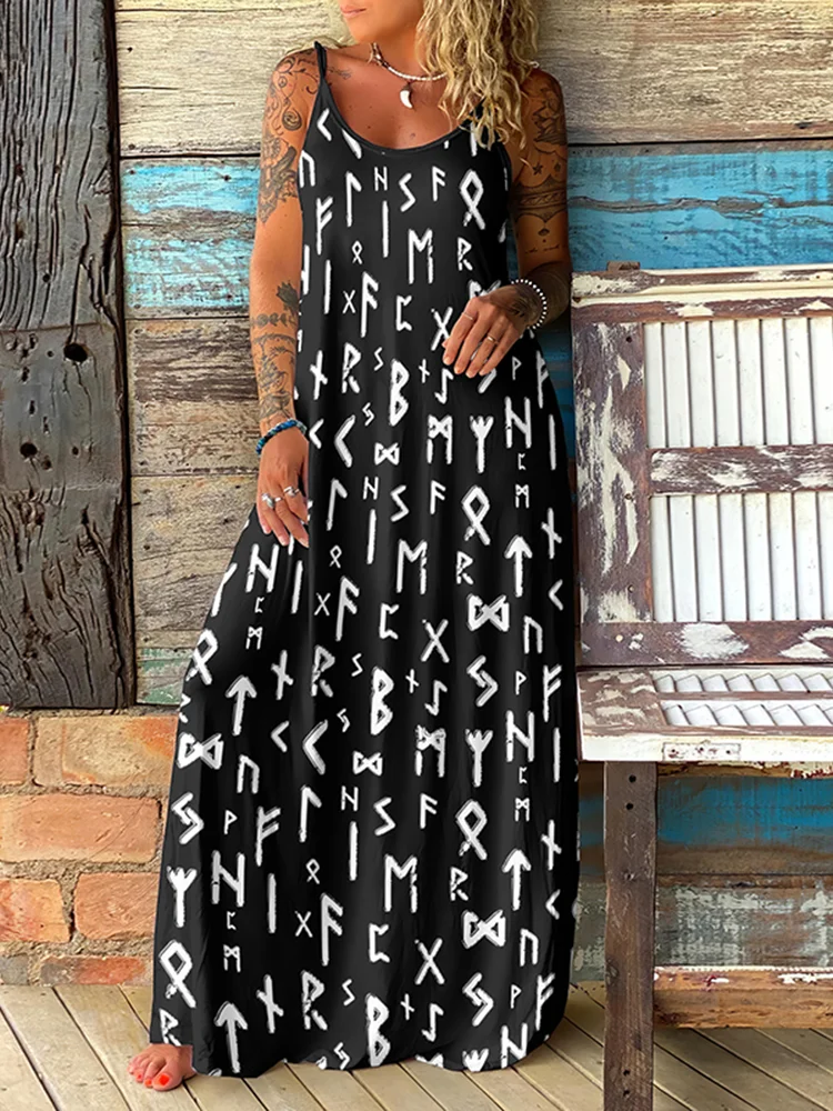 Viking Elder Futhark Runes Alphabet Graphic Slip Maxi Dress
