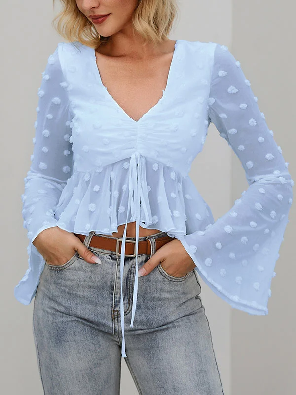 Flared Sleeves Contrast Color Drawstring Falbala Jacquard V-Neck Blouses&Shirts Tops