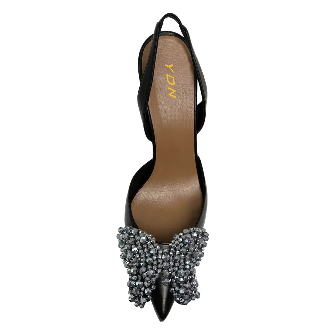 Rhinestone Butterfly Ponited Toe Slip On Women‘s Black Heels
