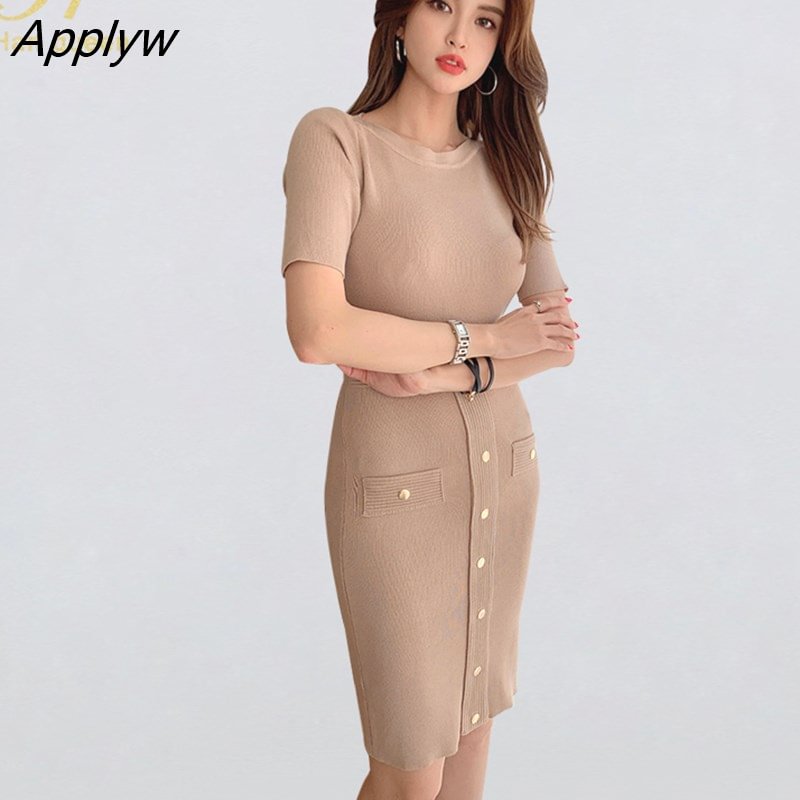 Applyw Han Queen Elegant Sheath Stretch Knitted Vestidos Summer Korean Slim Bodycon Pencil Dress Female Simple Work Casual Dresses