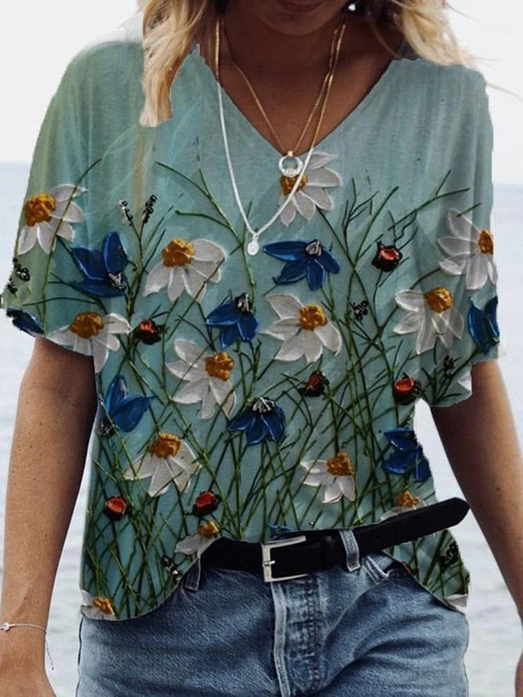Bestdealfriday Colorful Flower Painting Short Sleeve Shift V Neck Shirts Tops
