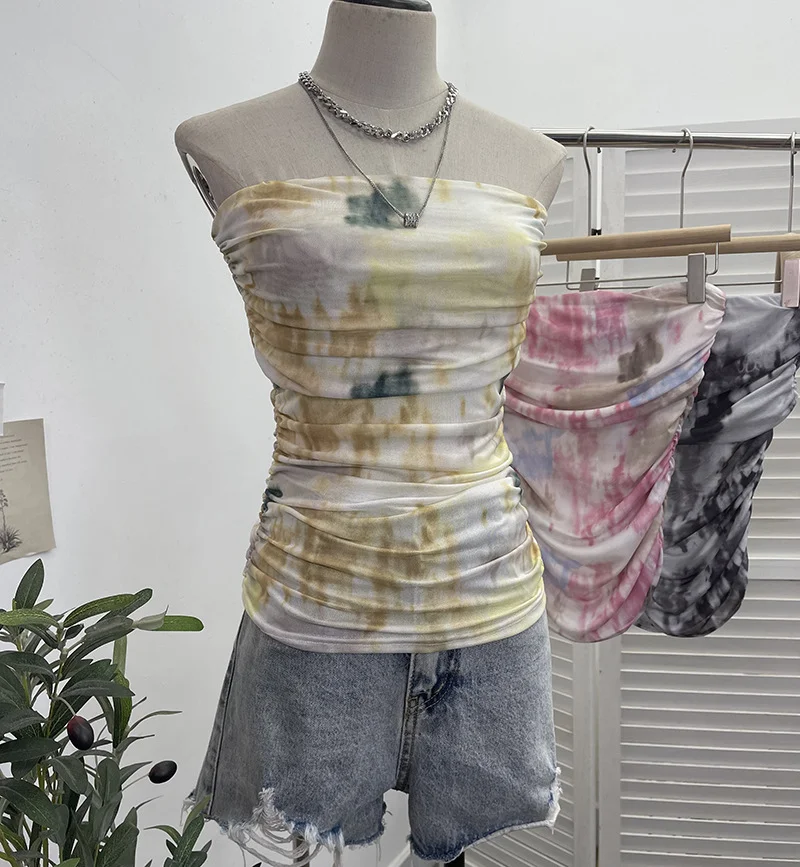 Uveng Thai-Style Splash Ink Dye Mesh Wrap Chest Vest Irregular Stacked Folded Sleeveless Top 9950