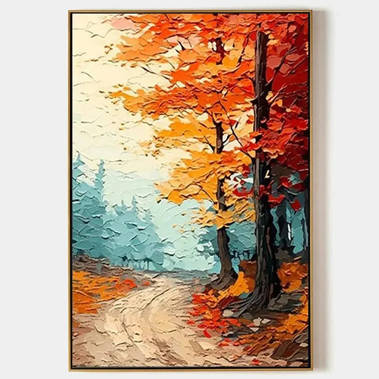 AUTUMN PATH: Textured Forest Path Painting, Orange and Blue Wall Art, Vertical Canvas, Impasto Decor（Canvas painting）