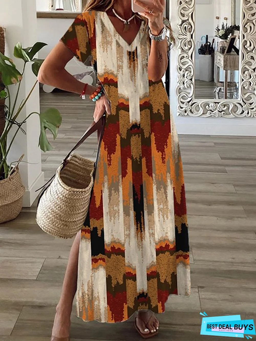 Abstract V Neck Short sleeve Dresses