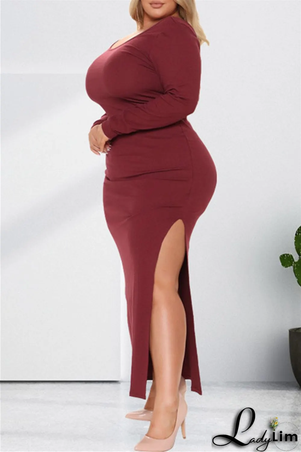 Burgundy Fashion Casual Solid Slit O Neck Long Sleeve Dresses