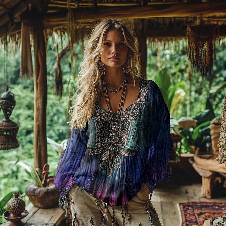 Women's Vintage Viking Celtic Knot With Floral Gradient Long Sleeve T-shirt