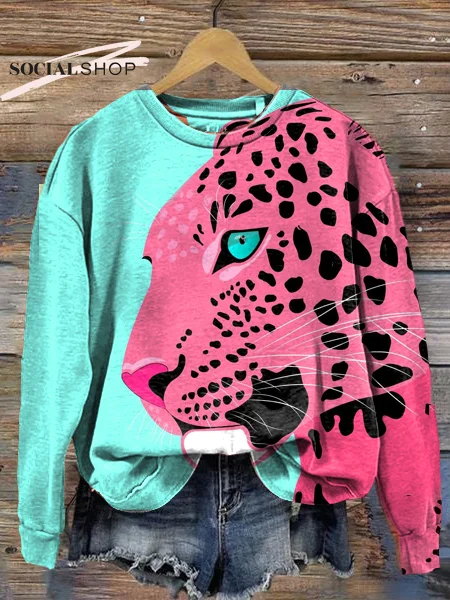 Pink Cute Cheetah Leopard Print Round Neck Long Sleeve Sweatshirt socialshop