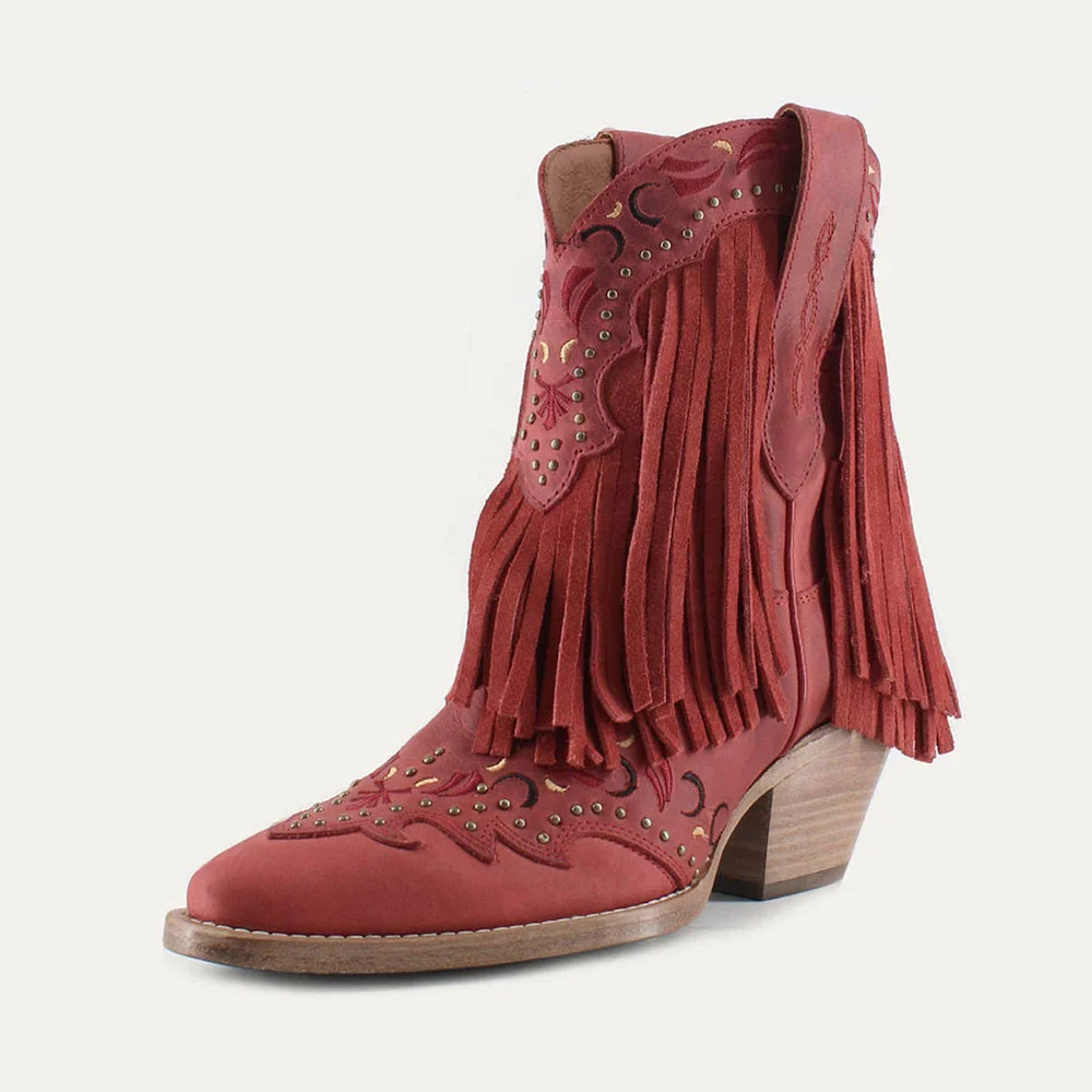 Red Snip Toe Fringe Chunky Heel Embroidered Cowgirl Boots with Studs