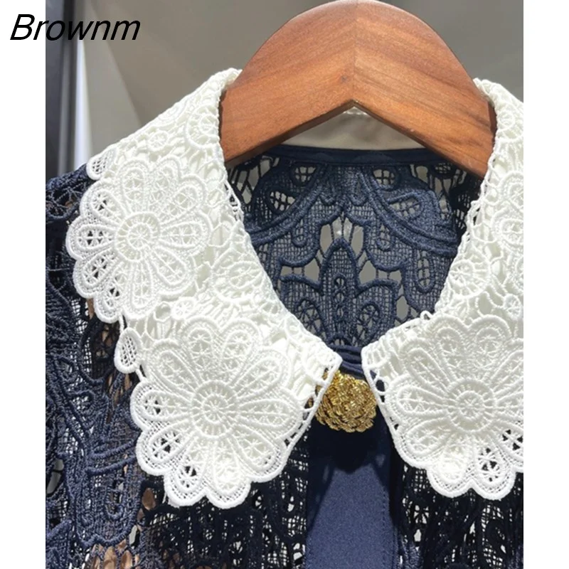 Brownm Style Lace Doll Collar Embroidered Floral Women Dress High Quality Elegant Fashion Vintage Summer New Robe