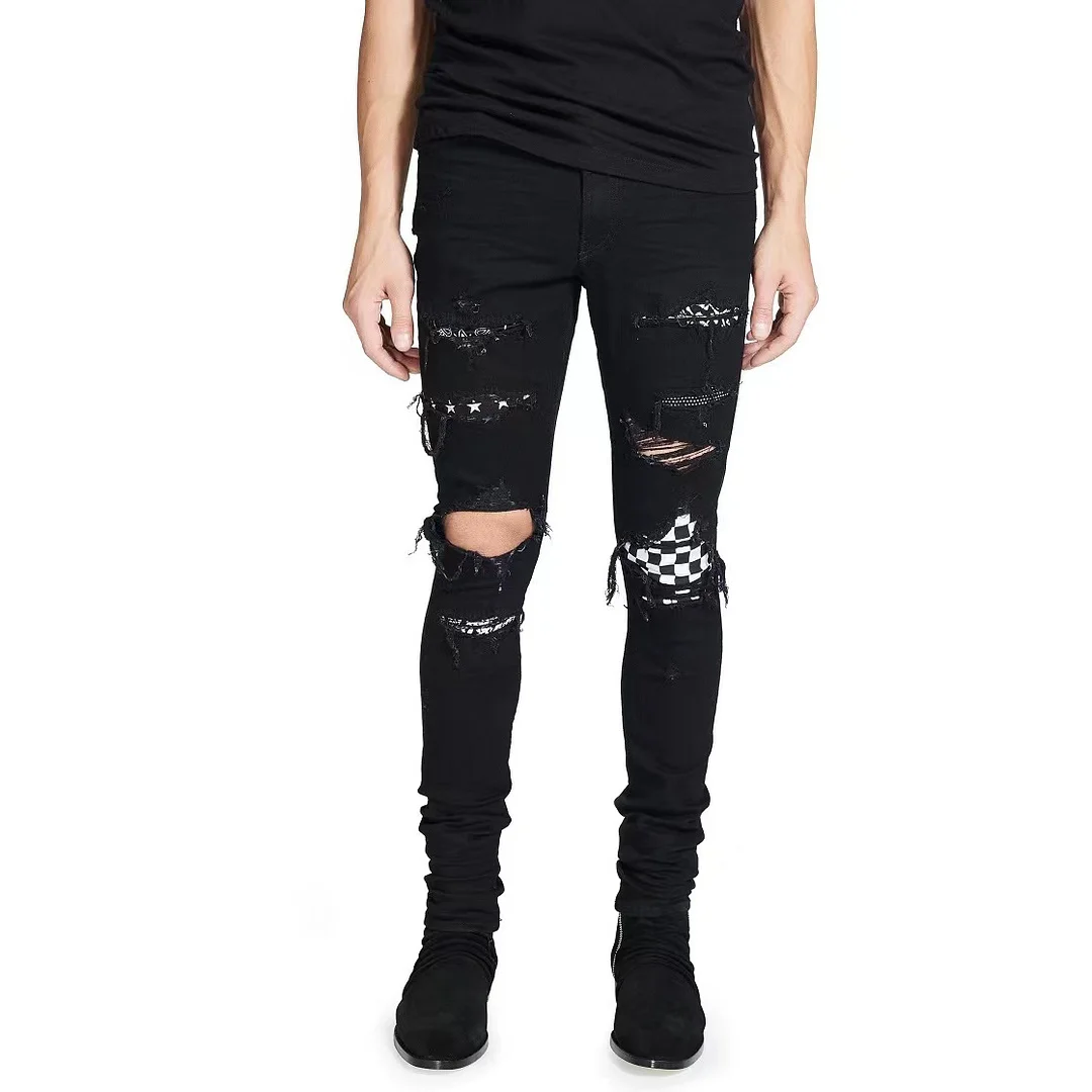 Men's Skinny Elastic Ripped High Street Rivet Jeans