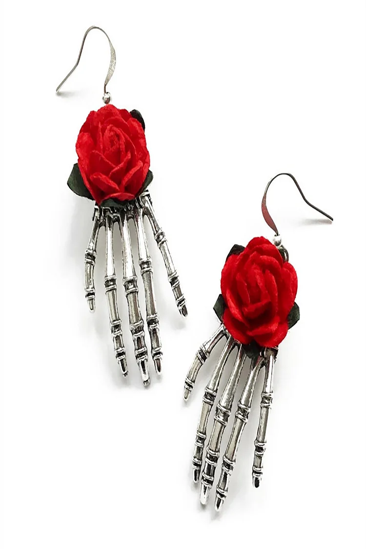 Halloween Gothic Skull Hand Red Rose Handmade Earrings 2024 - Xpluswear