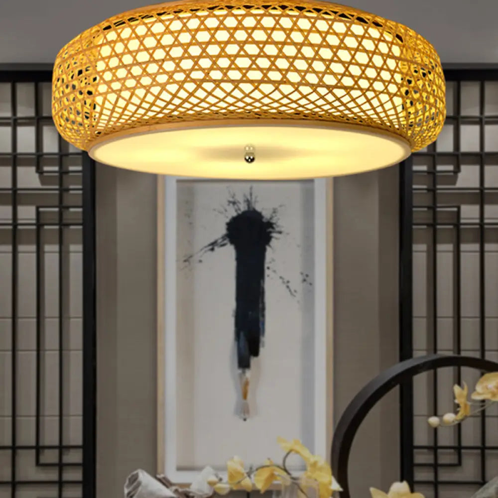 Modern Bamboo Flush Mount Ceiling Light Fixture For Dining Room - Wood Finish / 16&rsquo;