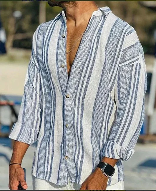 Casual Linen Striped Loose Lapel Collar Long Sleeve Shirt 