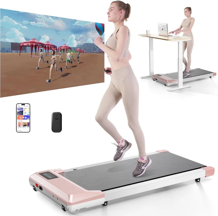 SSPHPPLIE Walking Pad , 300lbs Capacity Under Desk Treadmill, 0.6-3.8 Mph with PitPat APP, Smart Treadmills for Home Office, 2.5HP Portable Treadmills with Remote Control & LED Display(Pink)