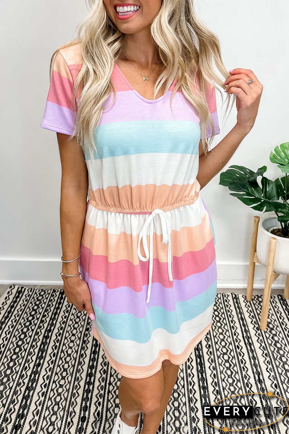 Multicolor Striped Drawstring V Neck T Shirt Dress