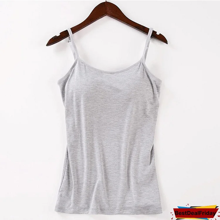 Long Cami With Built In Shelf Bra Adjustable Strap Women Layering Basic Tanks Top Solid Cotton Chest Pad Summer Cami T Shirt