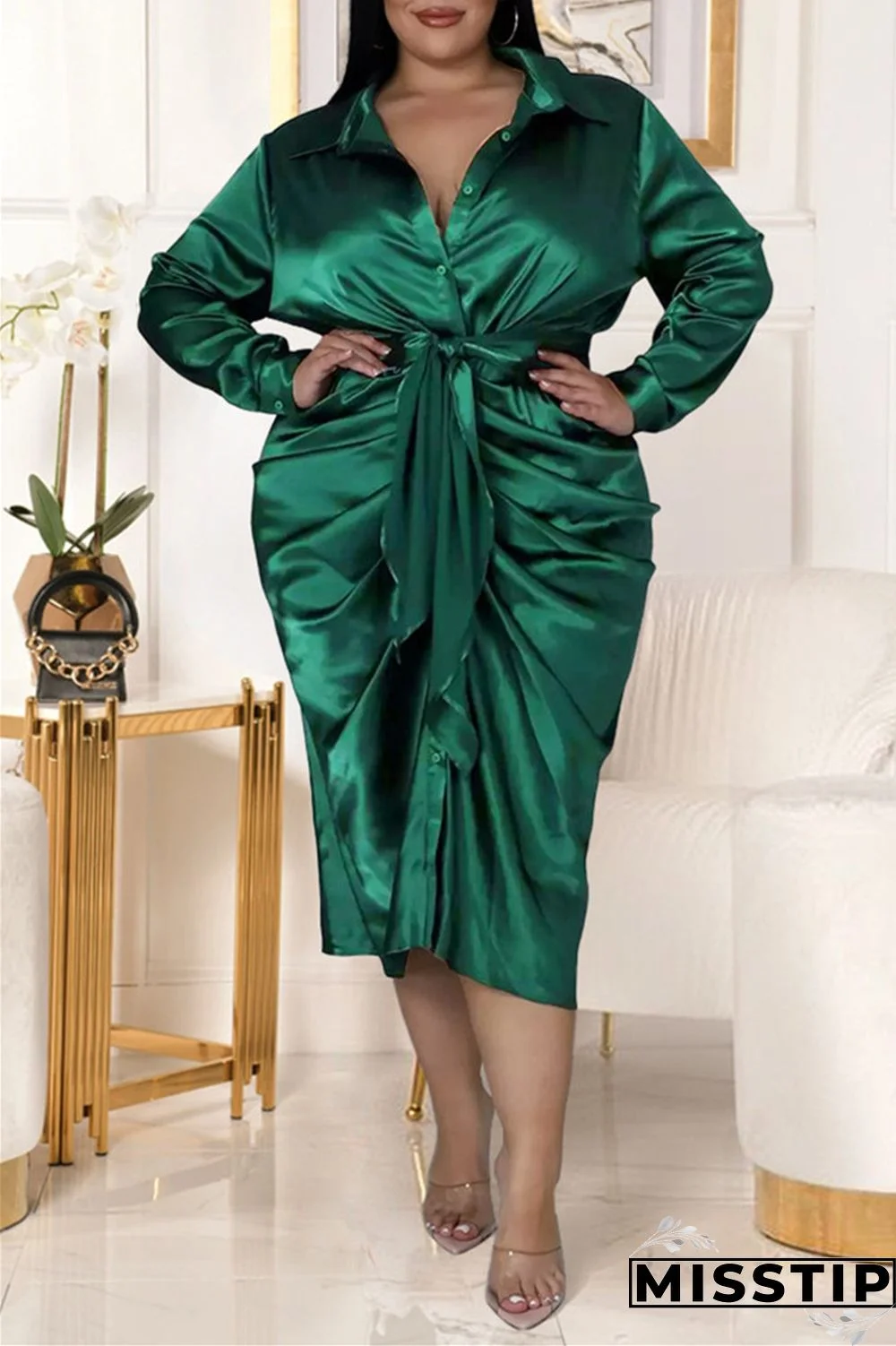 Black Fashion Casual Solid With Belt Turndown Collar Long Sleeve Plus Size Dresses