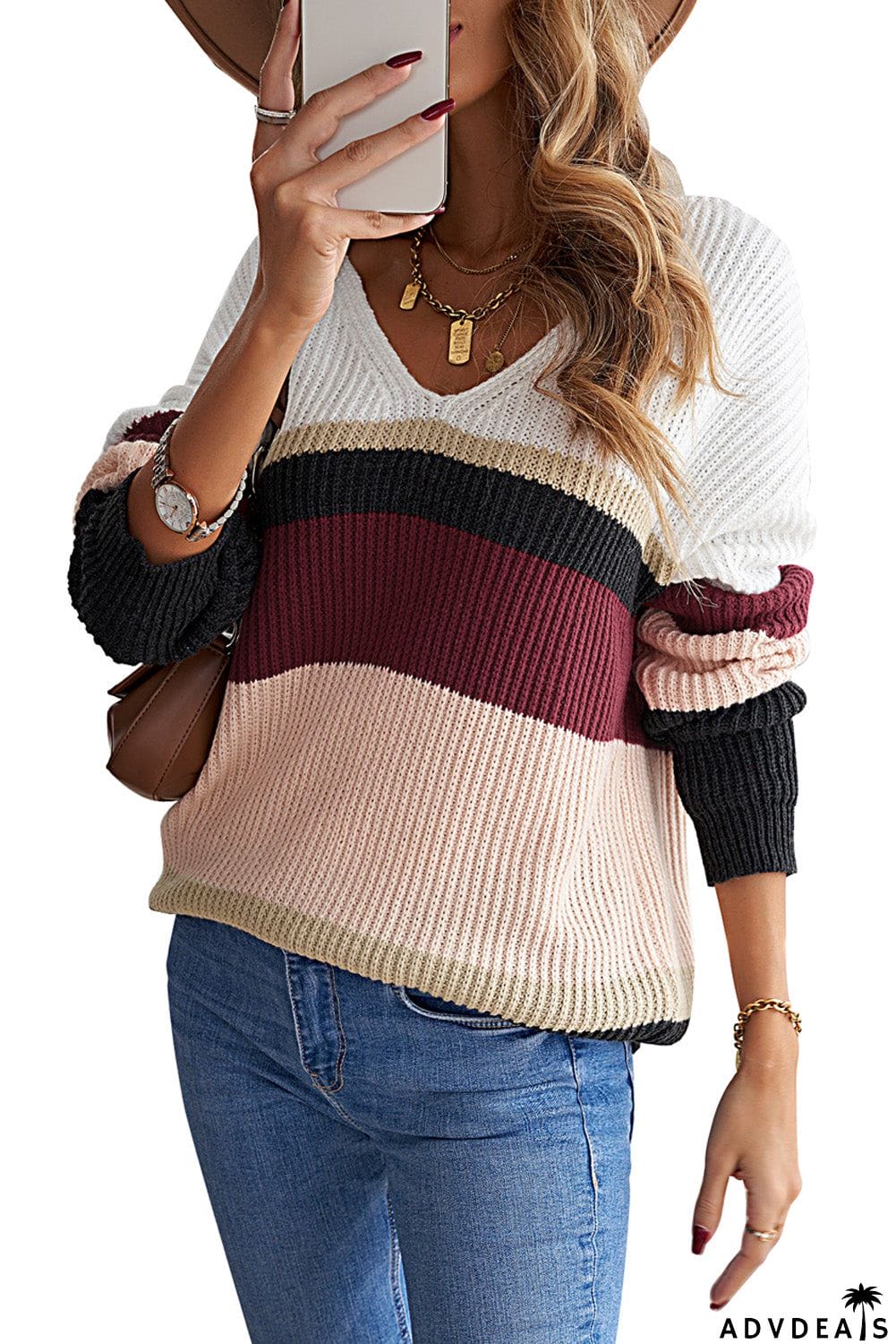 Khaki Colorblock V Neck Ribbed Knitted Sweater