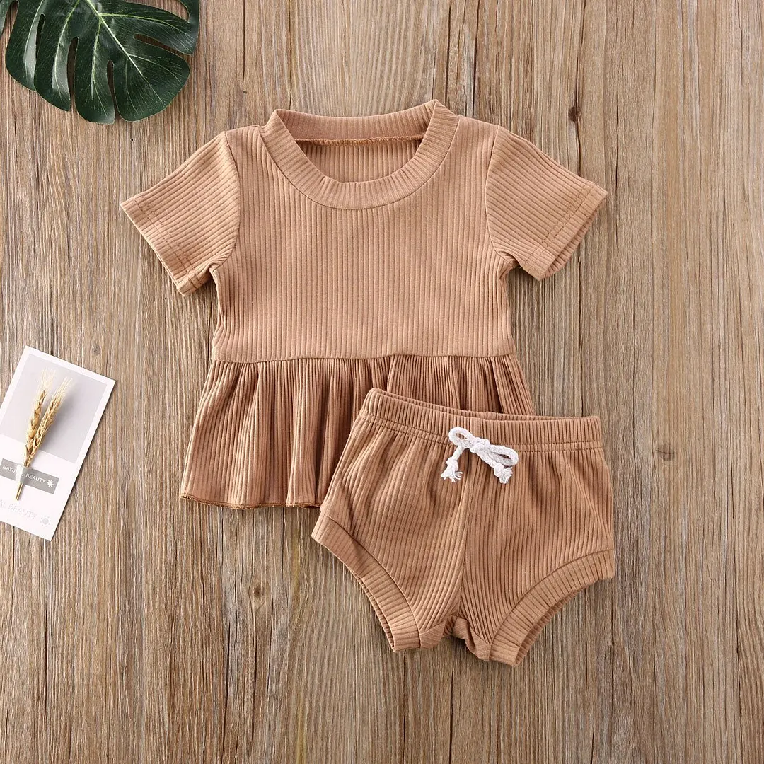 2020 Baby Summer Clothing Infant Newborn Baby Girls 2Pcs Set Ribbed Outfits Short Sleeve Shirt Dress Tops Shorts Bottoms Outfit