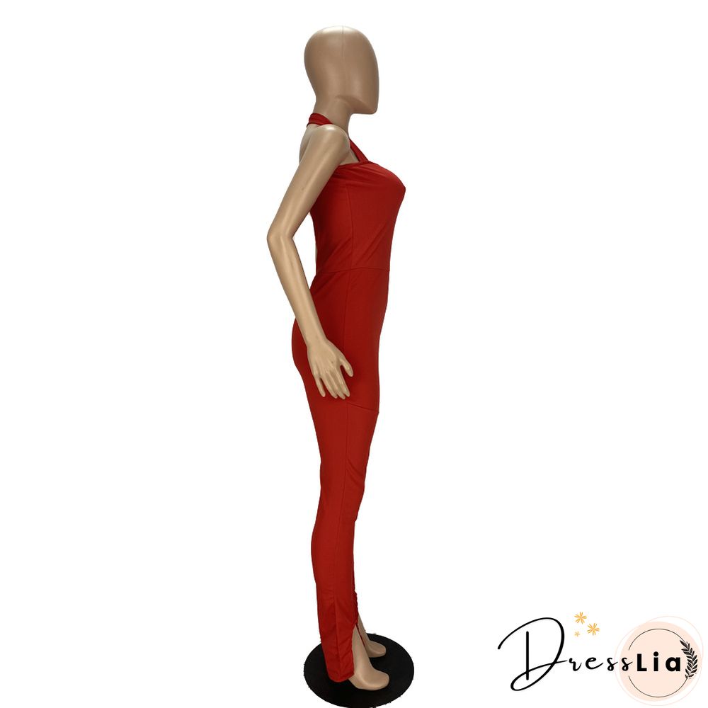 Women Solid Color Sportswear Sleeveless Halter Bodycon Jumpsuits