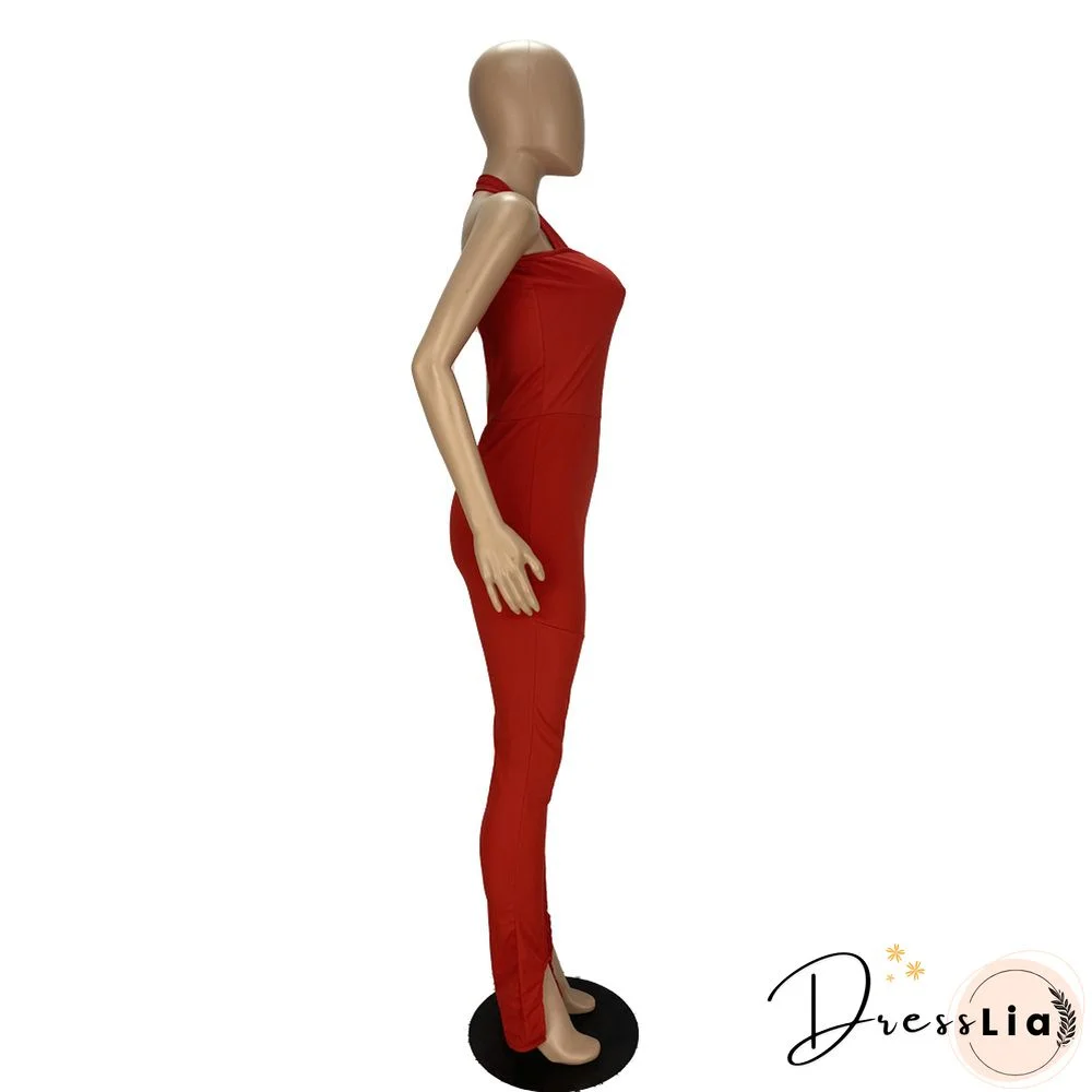 Women Solid Color Sportswear Sleeveless Halter Bodycon Jumpsuits
