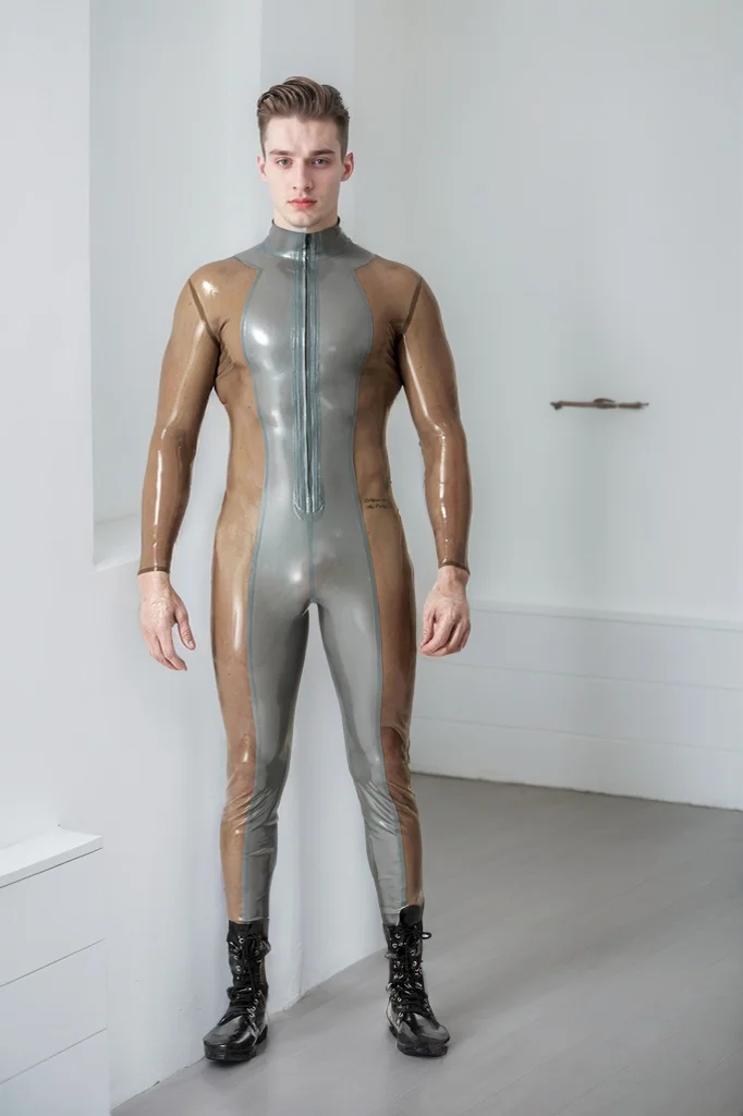 Men Latex Catsuits Male Silver Sleek Front  zip Catsuit Cool Super Soldier Style Catsuit (KG31395)