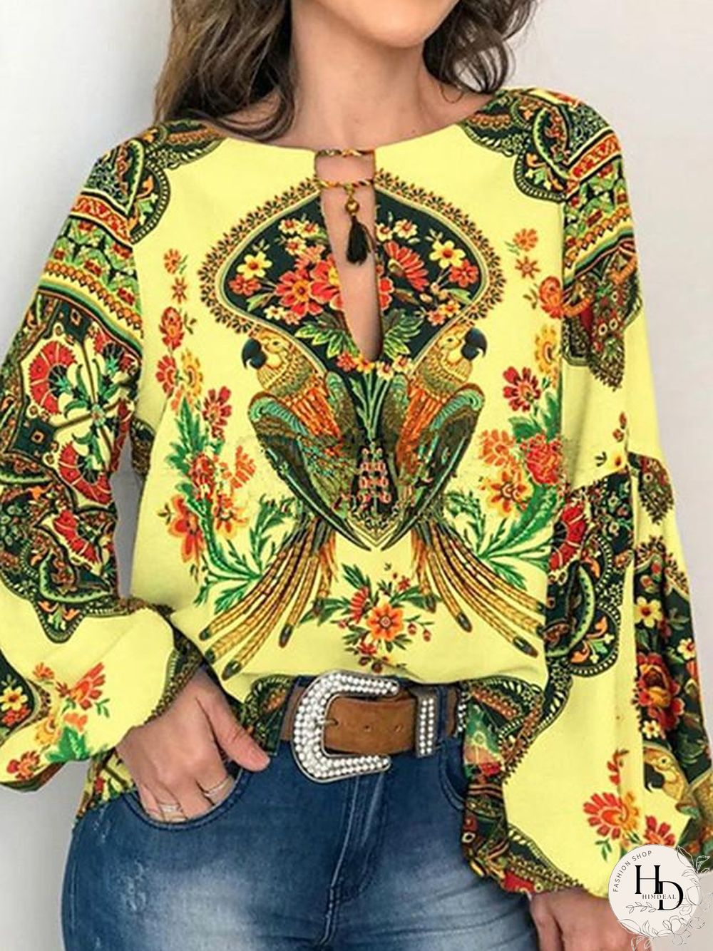 Women's Blouse Shirt Floral Flower Long Sleeve Lace up Print Round Neck Tops Basic Basic Top White Yellow Orange-0203813