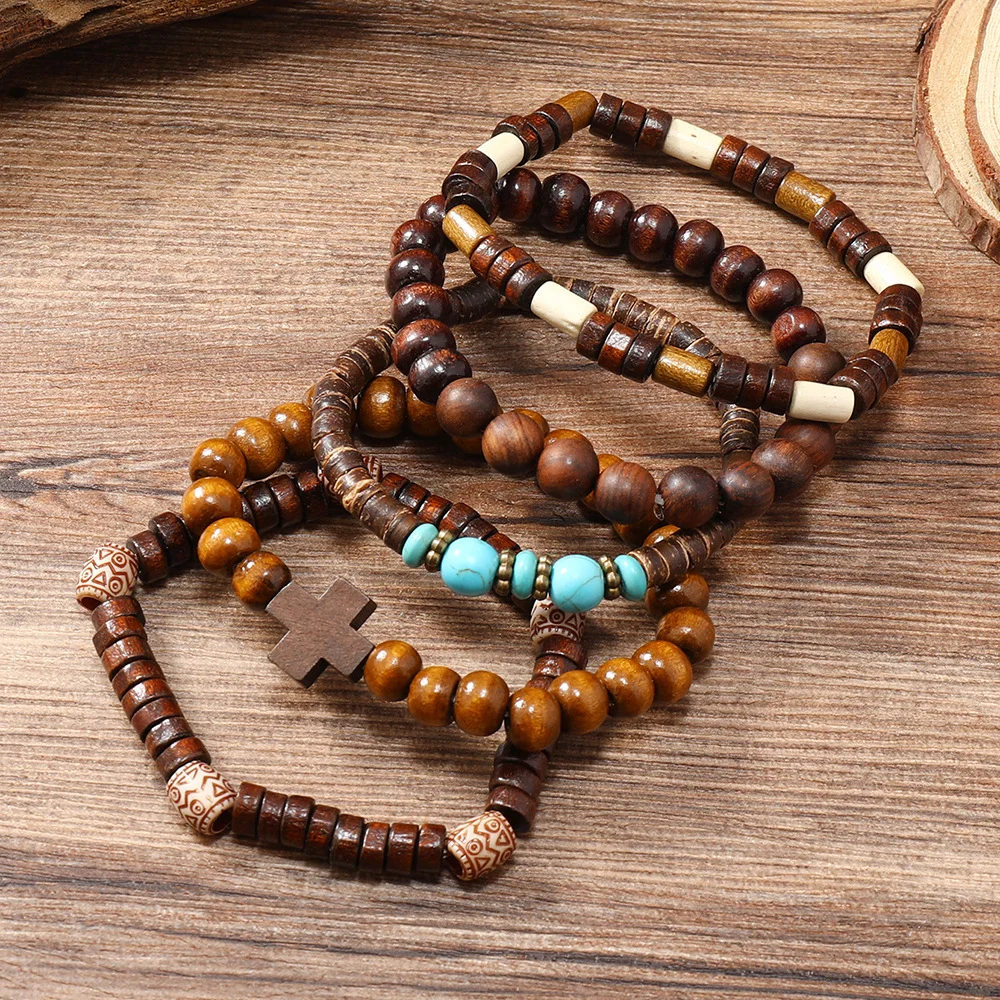 Men's Vintage Cross Multi-layered Wooden Bead Bracelet-inspireuse