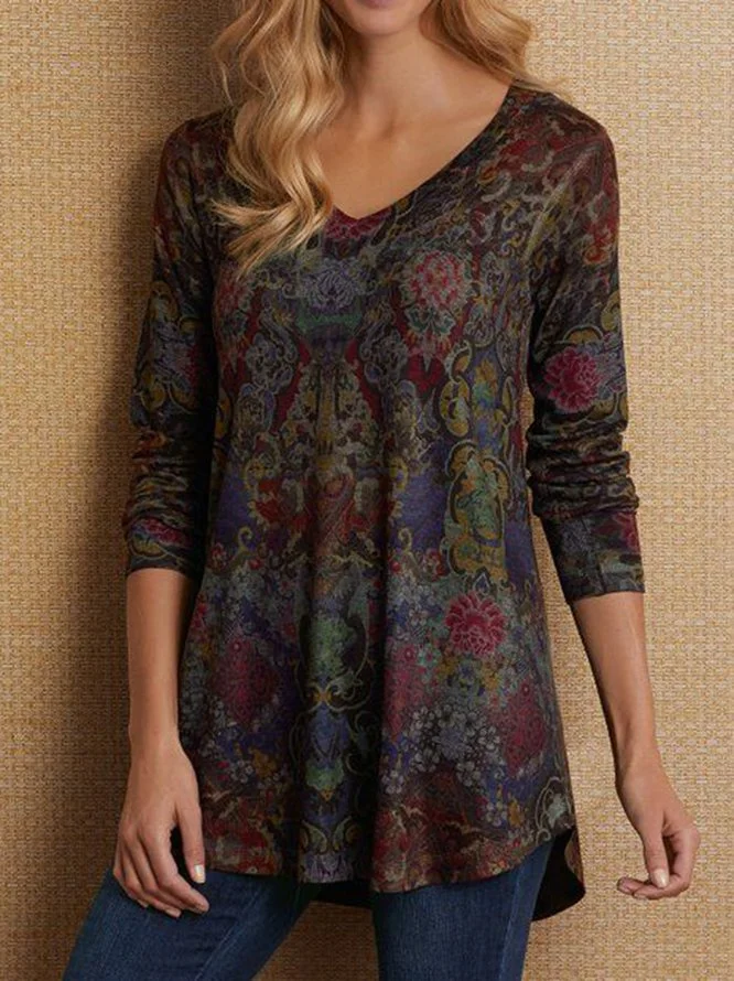 Women Long Sleeve Boho Vintage V Neck Plus Size Tops
