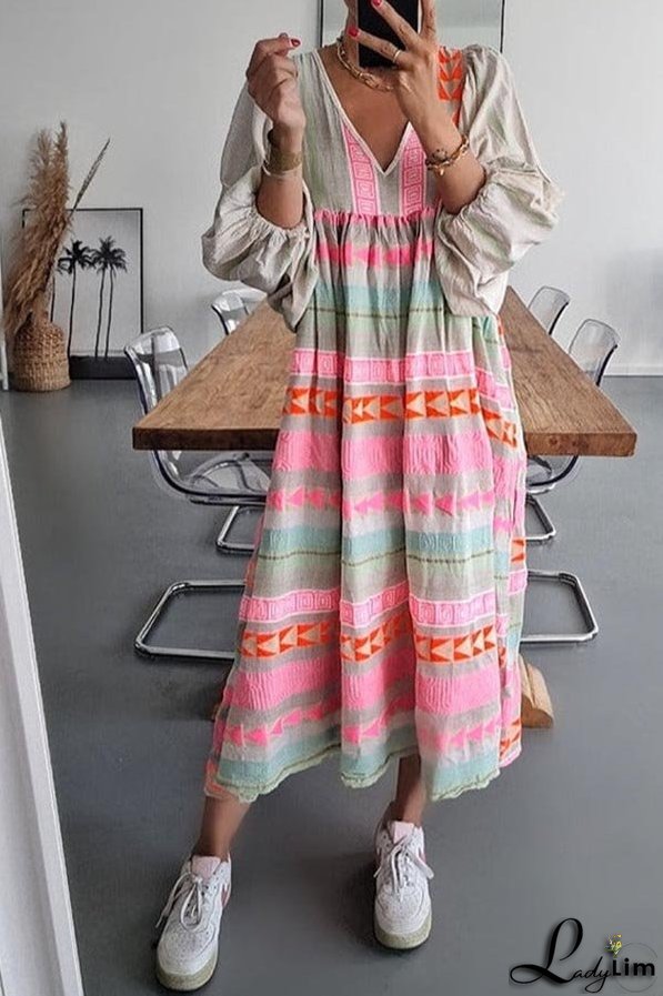 Pink Greek Key and Orange Chain Striped Print Midi Dress