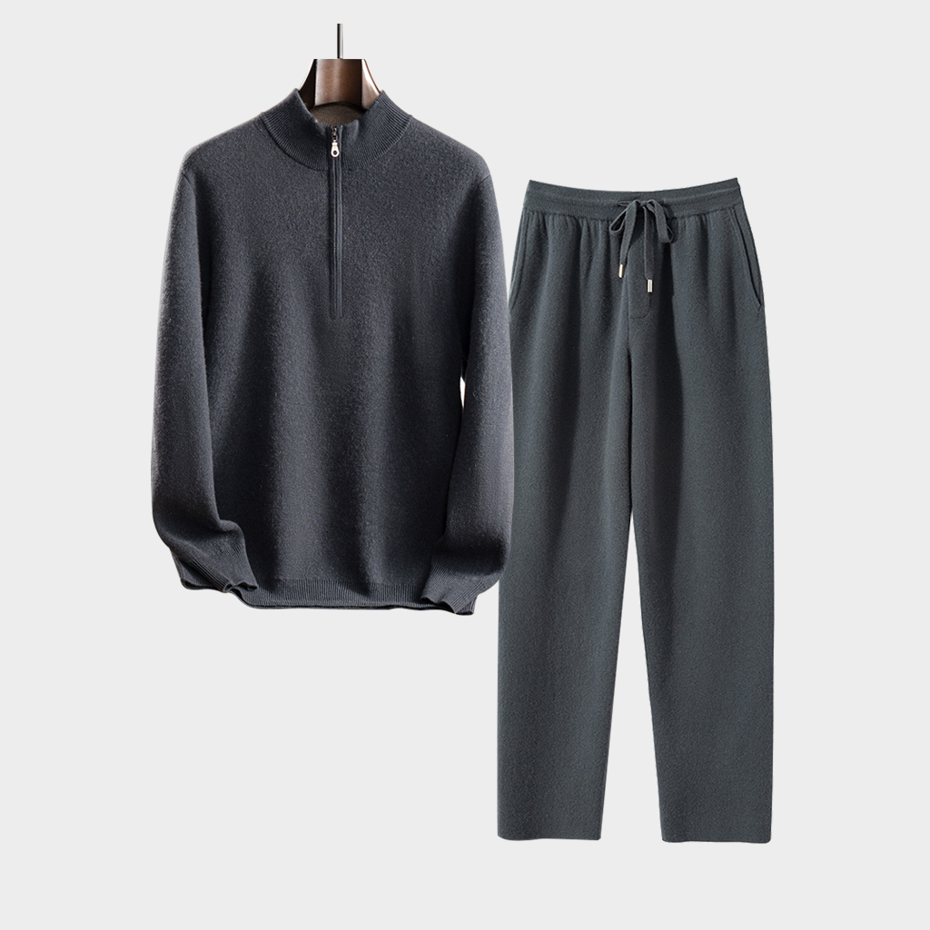 Men's Dark Grey Half-Zip Stand-Up Collar Cashmere Sweater and Pants Set | Modern Minimalist REAL SILK LIFE