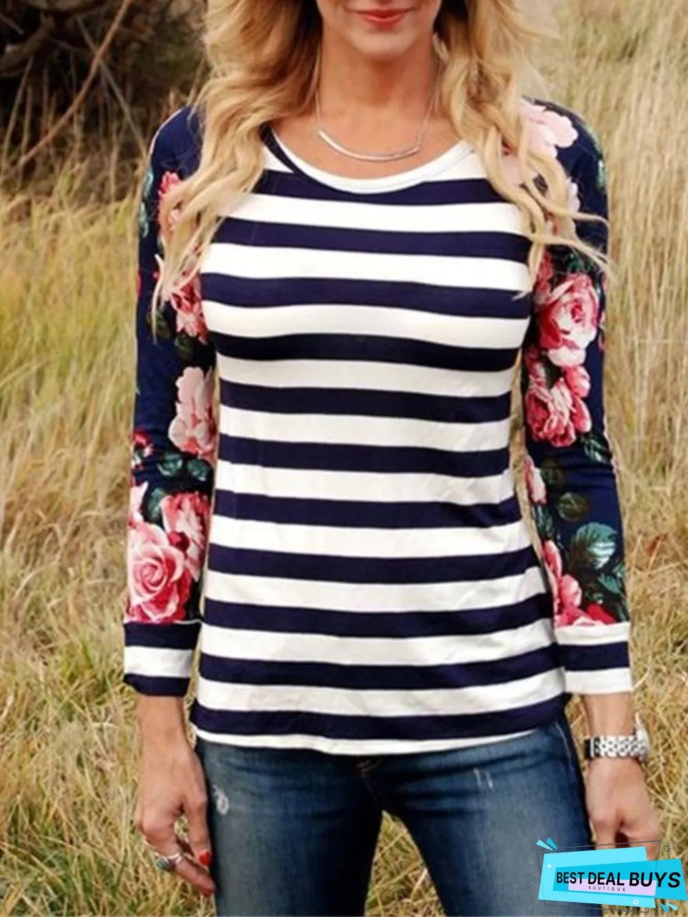 Casual Striped Floral Printed Long Sleeve Tunic Shirt