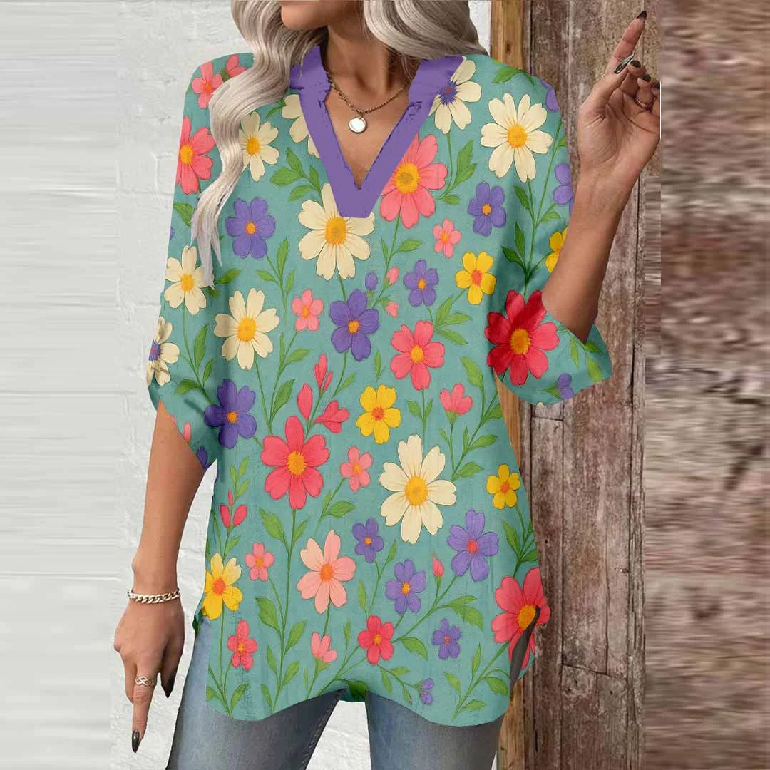 Women Floral, Green, Red DZGA0218 3/4 Sleeve V-neck Printed Graphic Button Tops