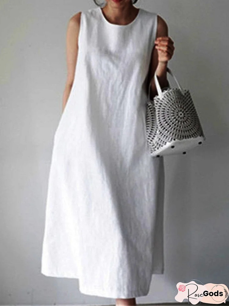 White Cotton Linen Casual Plain Maxi Women Dress