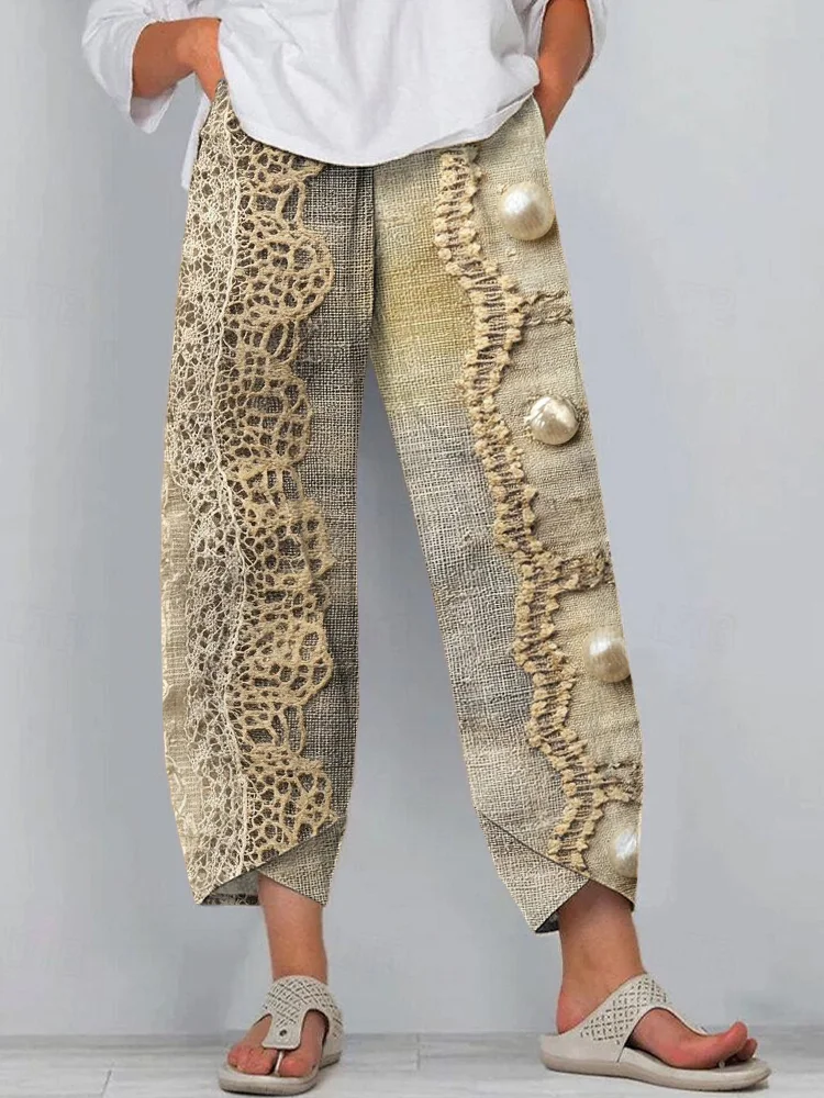 Vintage Lace Patchwork Pearl Embroidered Linen Pants