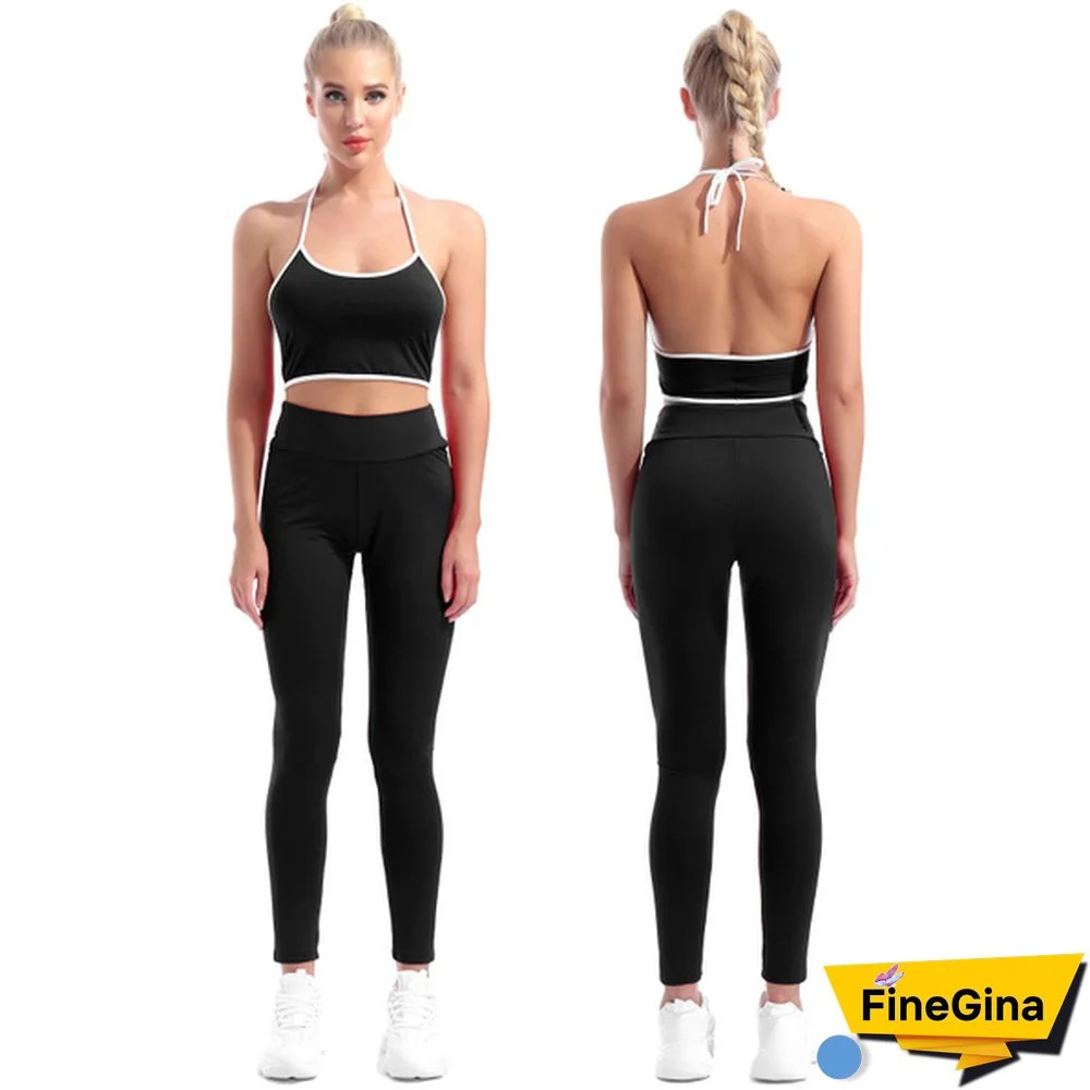 Women Workout Set Outfit High Waist Bike Leggings with Yoga Sport Halter Neck Bra Gym Clothes #S-XXXL